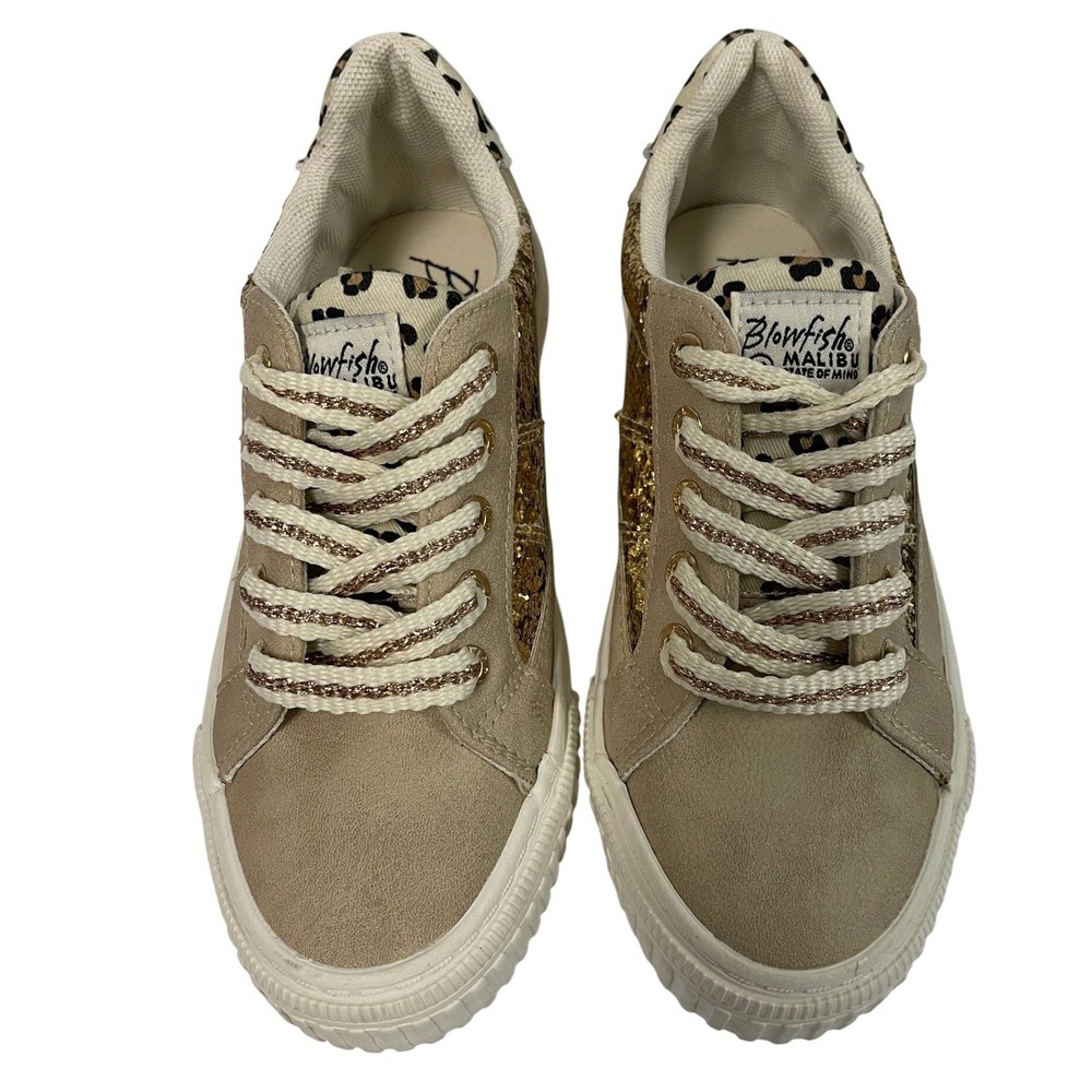 Blowfish Malibu Kids Sneakers‎ Gold Glitter Leopard Print Casual Shoes Size 13